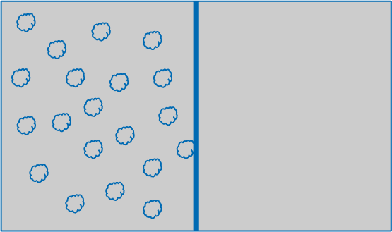 With a partition: all the gas is on the left – this macrostate admits only a few arrangements.